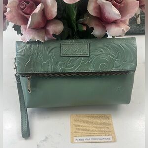 Patricia Nash Sage green Valerie Fold-Over Tooled Leather wristlet Wallet